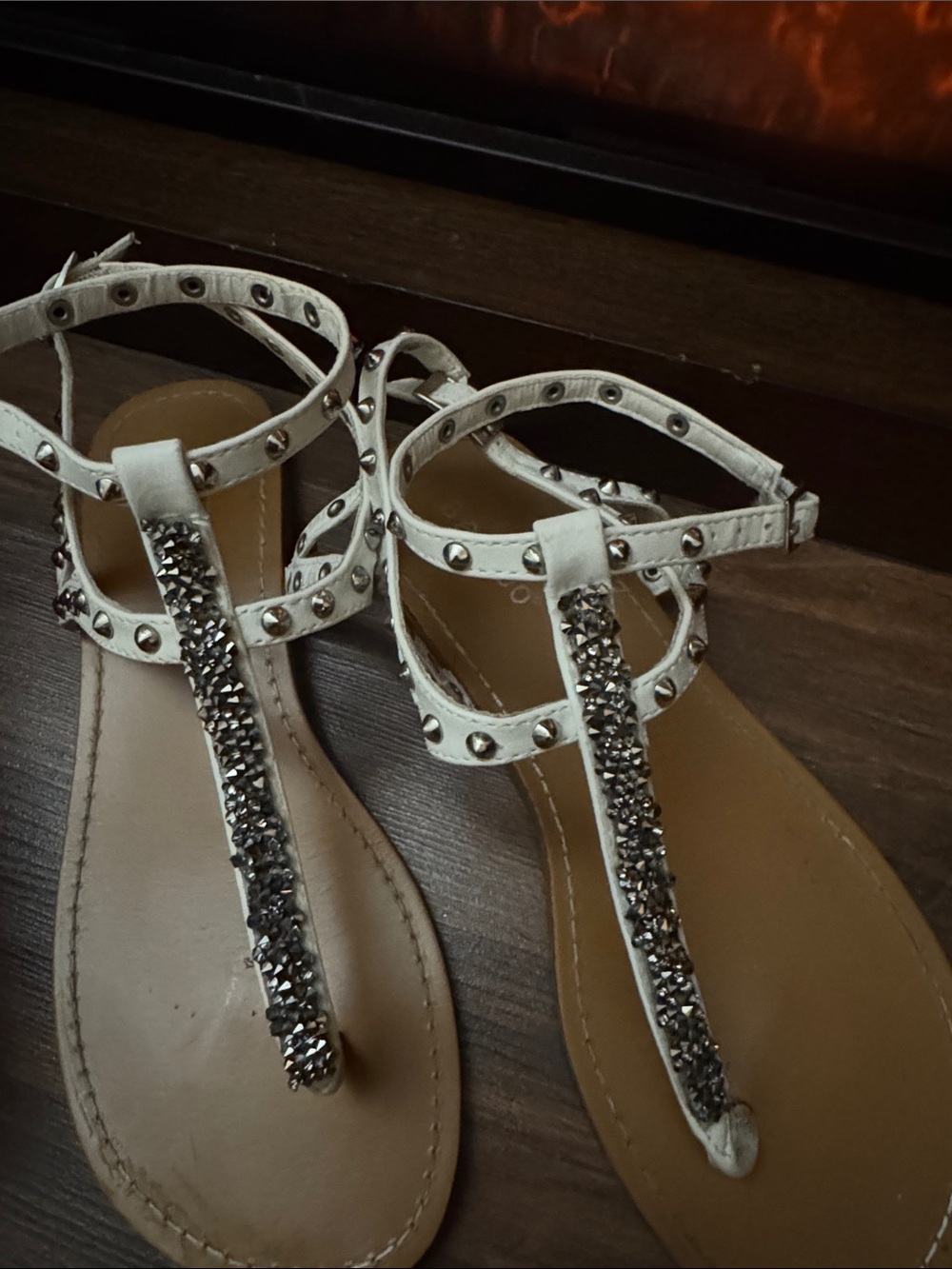 BAMBOO Cream T‑Strap Studded Women's Sandals
